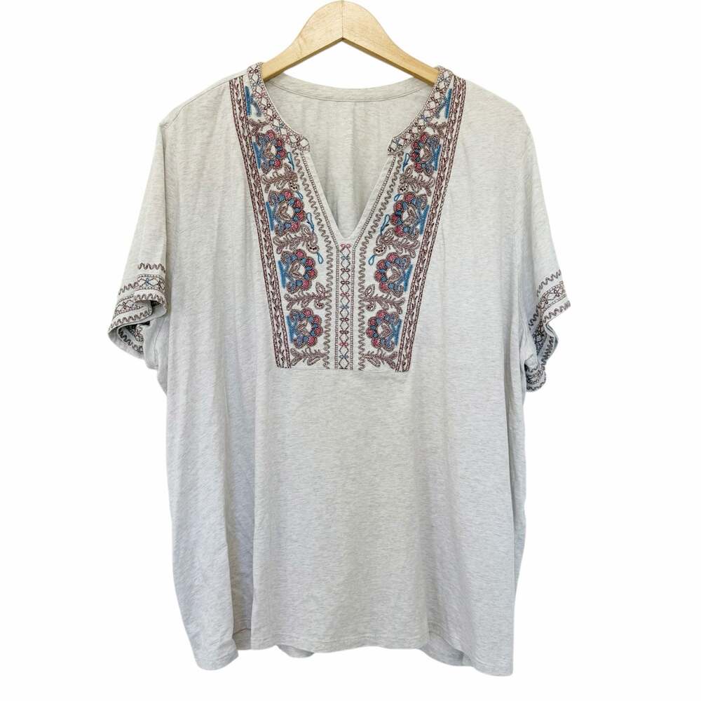 J Jill Pure Jill Gray Embroidered Split Neck Short Sleeve Shirt Sz 3X